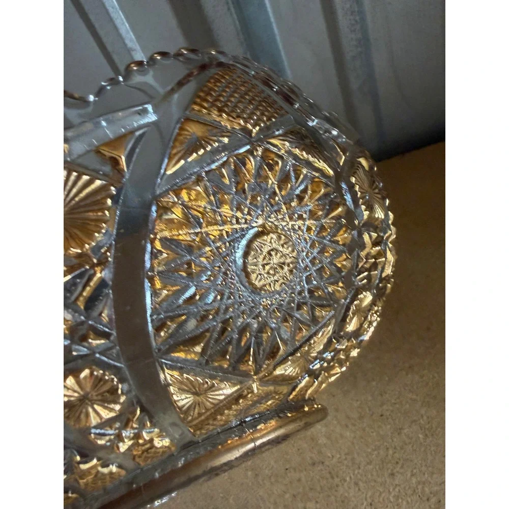 Vintage Gold Trim Starburst Pressed Glass‎ Bowl Scalloped Beaded Rim 10 Inch